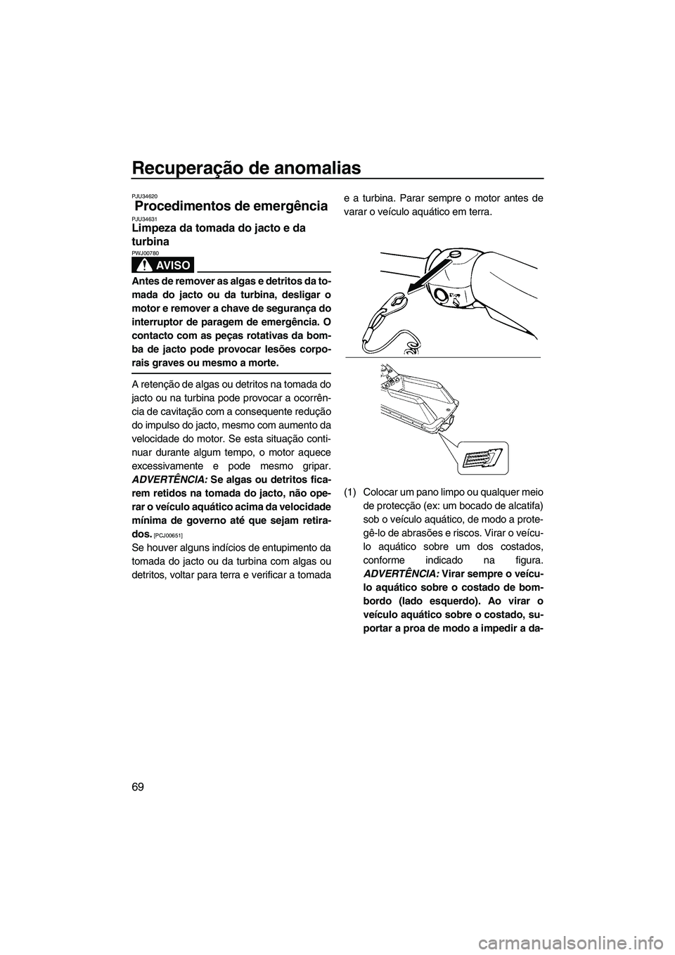 YAMAHA SUPERJET 2009 Manual de utilização (in Portuguese) Recuperação de anomalias
69
PJU34620
Procedimentos de emergência PJU34631Limpeza da tomada do jacto e da
turbina
AV I S O
PWJ00780
Antes de remover as algas e detritos da to-
mada do jacto ou da YAMAHA SUPERJET 2009 Manual de utilização (in Portuguese) Recuperação de anomalias
69
PJU34620
Procedimentos de emergência PJU34631Limpeza da tomada do jacto e da
turbina
AV I S O
PWJ00780
Antes de remover as algas e detritos da to-
mada do jacto ou da