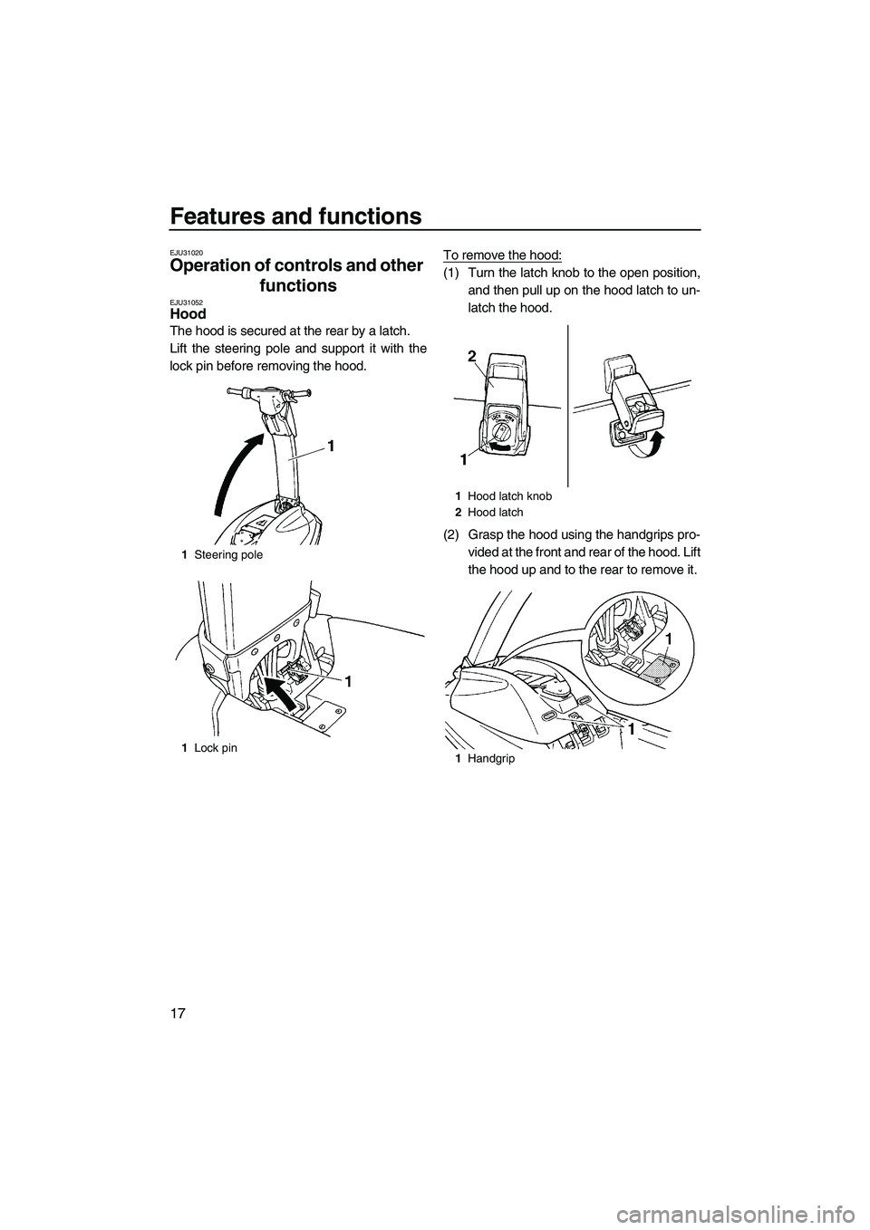 YAMAHA SUPERJET 2008  Owners Manual Features and functions
17
EJU31020
Operation of controls and other 
functions 
EJU31052Hood 
The hood is secured at the rear by a latch.
Lift the steering pole and support it with the
lock pin before 