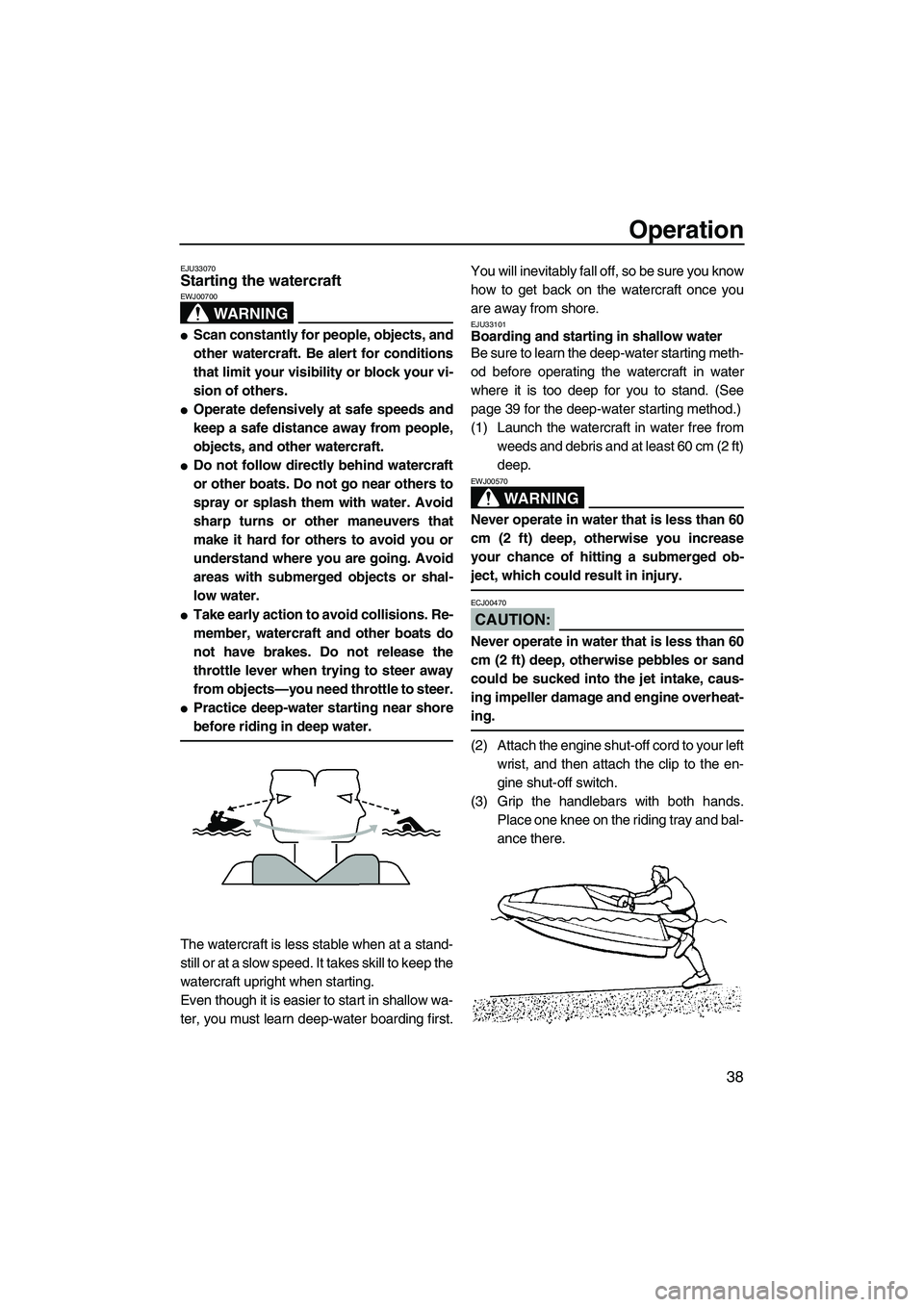 YAMAHA SUPERJET 2008  Owners Manual Operation
38
EJU33070Starting the watercraft 
WARNING
EWJ00700
Scan constantly for people, objects, and
other watercraft. Be alert for conditions
that limit your visibility or block your vi-
sion of 
