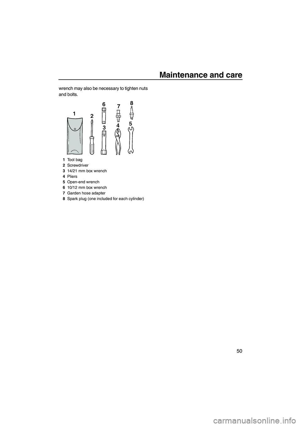 YAMAHA SUPERJET 2008  Owners Manual Maintenance and care
50
wrench may also be necessary to tighten nuts
and bolts.
1Tool bag
2Screwdriver
314/21 mm box wrench
4Pliers
5Open-end wrench
610/12 mm box wrench
7Garden hose adapter
8Spark pl