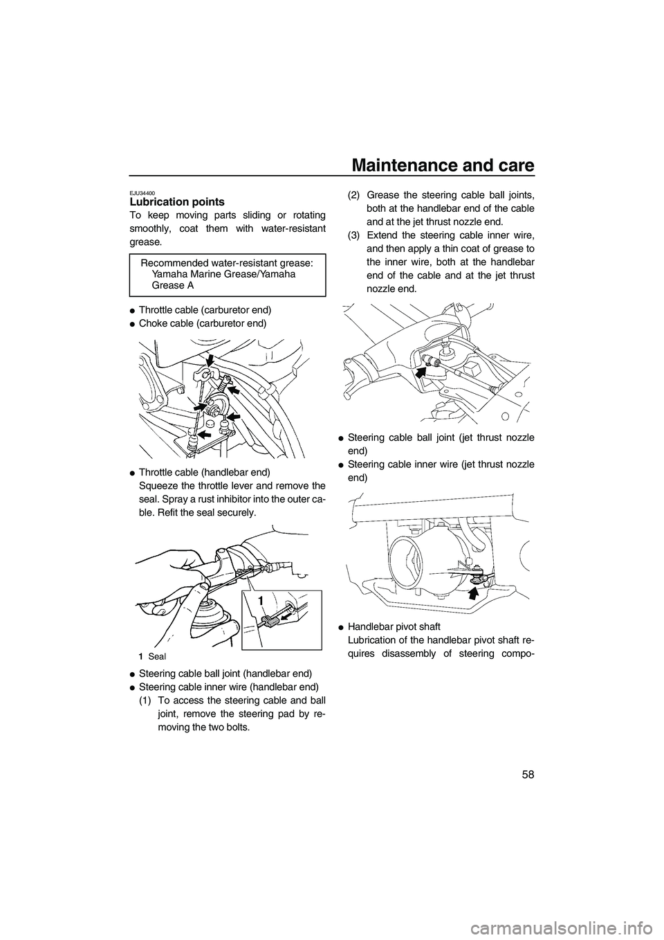 YAMAHA SUPERJET 2008  Owners Manual Maintenance and care
58
EJU34400Lubrication points 
To keep moving parts sliding or rotating
smoothly, coat them with water-resistant
grease.
Throttle cable (carburetor end)
Choke cable (carburetor 