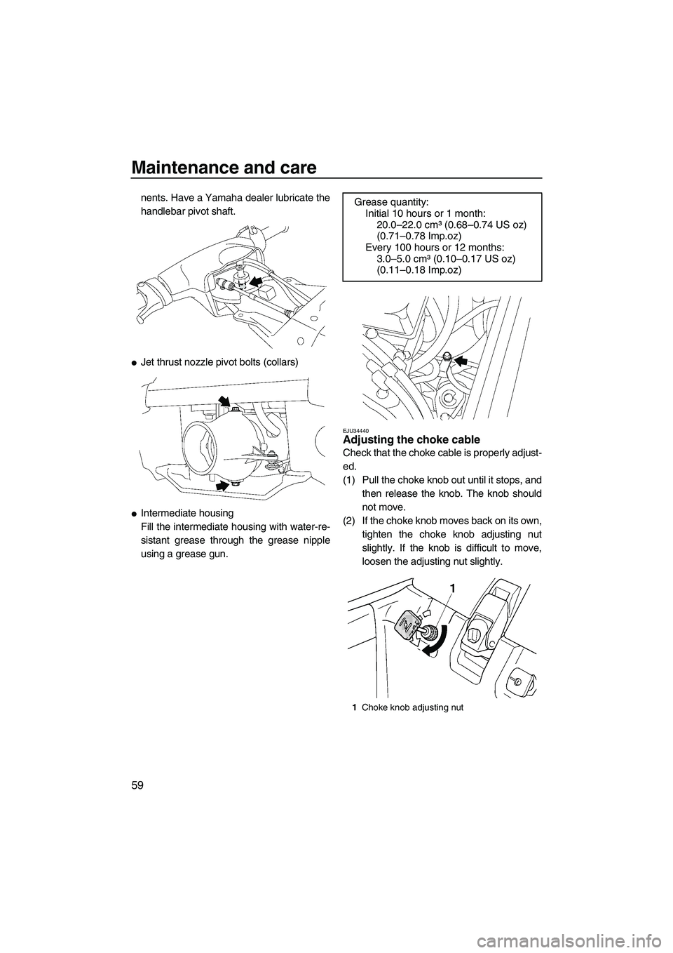 YAMAHA SUPERJET 2008  Owners Manual Maintenance and care
59
nents. Have a Yamaha dealer lubricate the
handlebar pivot shaft.
Jet thrust nozzle pivot bolts (collars)
Intermediate housing
Fill the intermediate housing with water-re-
sis