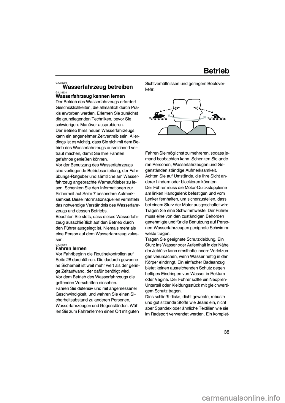 YAMAHA SUPERJET 2008 Betriebsanleitungen (in German) Betrieb
38
GJU32900
Wasserfahrzeug betreiben GJU32920Wasserfahrzeug kennen lernen
Der Betrieb des Wasserfahrzeugs erfordert
Geschicklichkeiten, die allmählich durch Pra-
xis erworben werden. Erlern YAMAHA SUPERJET 2008 Betriebsanleitungen (in German) Betrieb
38
GJU32900
Wasserfahrzeug betreiben GJU32920Wasserfahrzeug kennen lernen
Der Betrieb des Wasserfahrzeugs erfordert
Geschicklichkeiten, die allmählich durch Pra-
xis erworben werden. Erlern