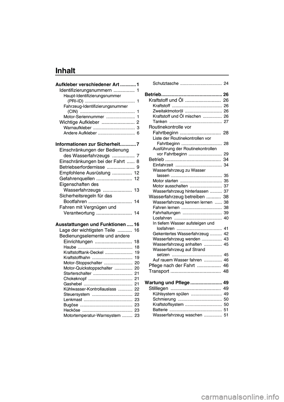 YAMAHA SUPERJET 2008  Betriebsanleitungen (in German) Inhalt
Aufkleber verschiedener Art ............ 1
Identifizierungsnummern ................  1
Haupt-Identifizierungsnummer 
(PRI-ID) ..........................................  1
Fahrzeug-Identifizier