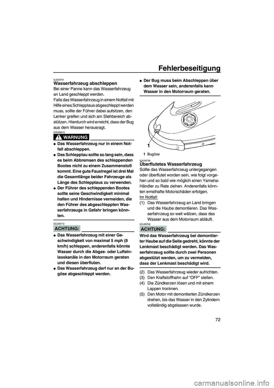 YAMAHA SUPERJET 2008 Betriebsanleitungen (in German) Fehlerbeseitigung
72
GJU34701Wasserfahrzeug abschleppen
Bei einer Panne kann das Wasserfahrzeug
an Land geschleppt werden.
Falls das Wasserfahrzeug in einem Notfall mit
Hilfe eines Schlepptaus abge YAMAHA SUPERJET 2008 Betriebsanleitungen (in German) Fehlerbeseitigung
72
GJU34701Wasserfahrzeug abschleppen
Bei einer Panne kann das Wasserfahrzeug
an Land geschleppt werden.
Falls das Wasserfahrzeug in einem Notfall mit
Hilfe eines Schlepptaus abge