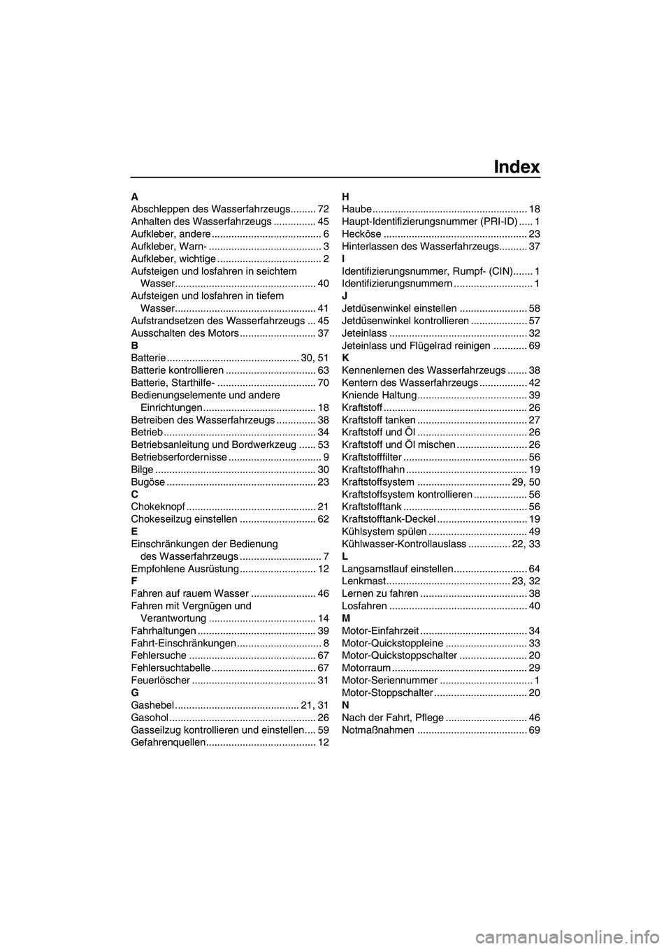 YAMAHA SUPERJET 2008  Betriebsanleitungen (in German) Index
A
Abschleppen des Wasserfahrzeugs......... 72
Anhalten des Wasserfahrzeugs ............... 45
Aufkleber, andere ....................................... 6
Aufkleber, Warn- .......................