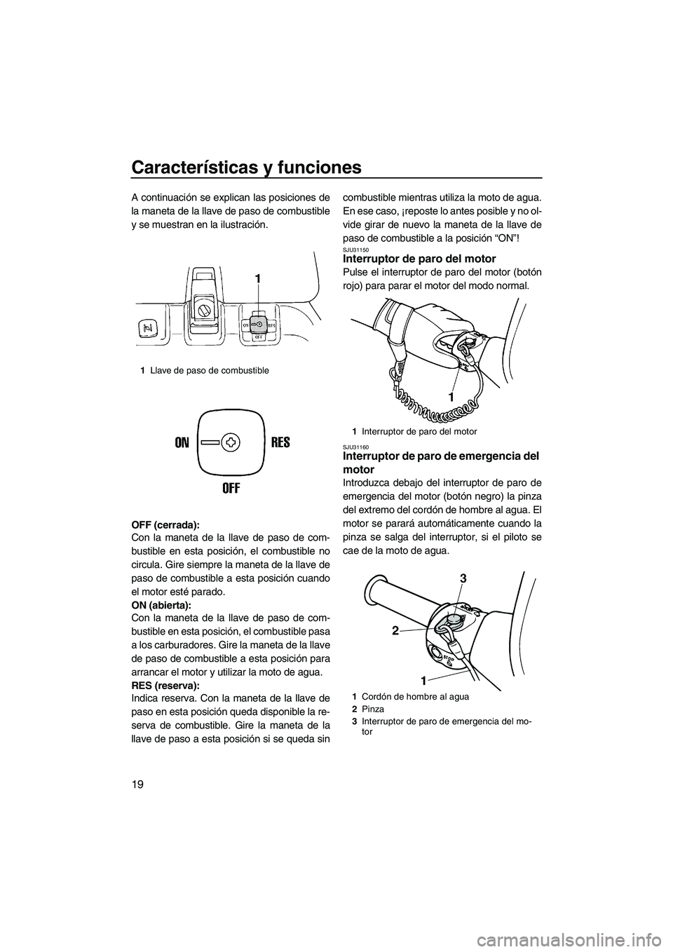 YAMAHA SUPERJET 2008 Manuale de Empleo (in Spanish) Características y funciones
19
A continuación se explican las posiciones de
la maneta de la llave de paso de combustible
y se muestran en la ilustración.
OFF (cerrada):
Con la maneta de la llave de YAMAHA SUPERJET 2008 Manuale de Empleo (in Spanish) Características y funciones
19
A continuación se explican las posiciones de
la maneta de la llave de paso de combustible
y se muestran en la ilustración.
OFF (cerrada):
Con la maneta de la llave de