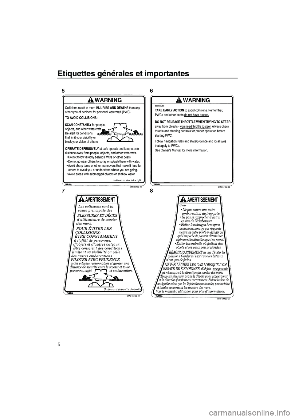 YAMAHA SUPERJET 2008  Notices Demploi (in French) Etiquettes générales et importantes
5
UF2F70F0.book  Page 5  Tuesday, April 17, 2007  10:04 AM 