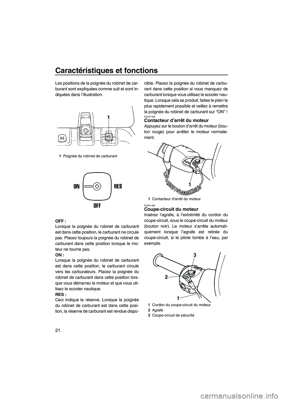 YAMAHA SUPERJET 2008 Notices Demploi (in French) Caractéristiques et fonctions
21
Les positions de la poignée du robinet de car-
burant sont expliquées comme suit et sont in-
diquées dans l’illustration.
OFF :
Lorsque la poignée du robinet de YAMAHA SUPERJET 2008 Notices Demploi (in French) Caractéristiques et fonctions
21
Les positions de la poignée du robinet de car-
burant sont expliquées comme suit et sont in-
diquées dans l’illustration.
OFF :
Lorsque la poignée du robinet de
