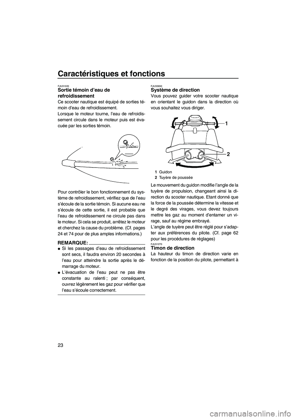 YAMAHA SUPERJET 2008 Notices Demploi (in French) Caractéristiques et fonctions
23
FJU31220Sortie témoin d’eau de
refroidissement
Ce scooter nautique est équipé de sorties té-
moin d’eau de refroidissement.
Lorsque le moteur tourne, l’ea YAMAHA SUPERJET 2008 Notices Demploi (in French) Caractéristiques et fonctions
23
FJU31220Sortie témoin d’eau de
refroidissement
Ce scooter nautique est équipé de sorties té-
moin d’eau de refroidissement.
Lorsque le moteur tourne, l’ea