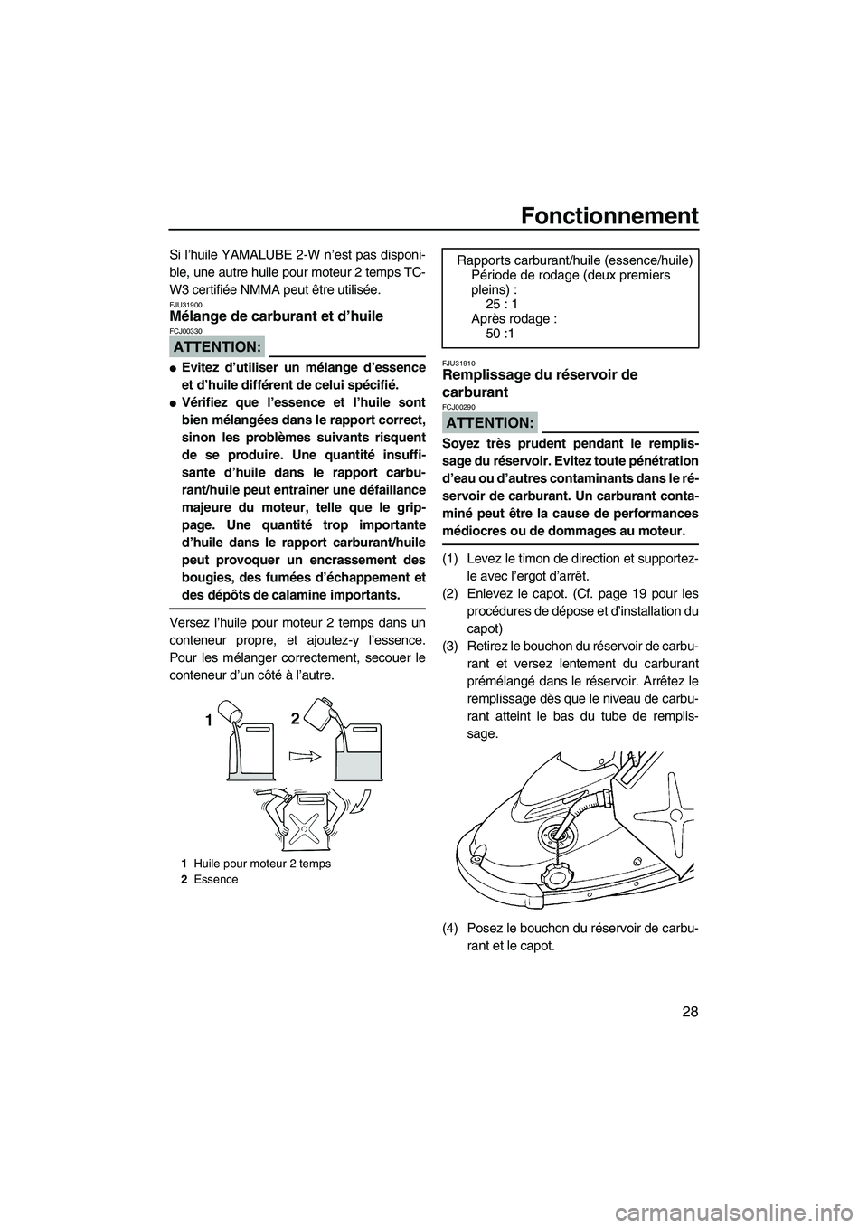 YAMAHA SUPERJET 2008 Notices Demploi (in French) Fonctionnement
28
Si l’huile YAMALUBE 2-W n’est pas disponi-
ble, une autre huile pour moteur 2 temps TC-
W3 certifiée NMMA peut être utilisée.
FJU31900Mélange de carburant et d’huile
ATTEN YAMAHA SUPERJET 2008 Notices Demploi (in French) Fonctionnement
28
Si l’huile YAMALUBE 2-W n’est pas disponi-
ble, une autre huile pour moteur 2 temps TC-
W3 certifiée NMMA peut être utilisée.
FJU31900Mélange de carburant et d’huile
ATTEN