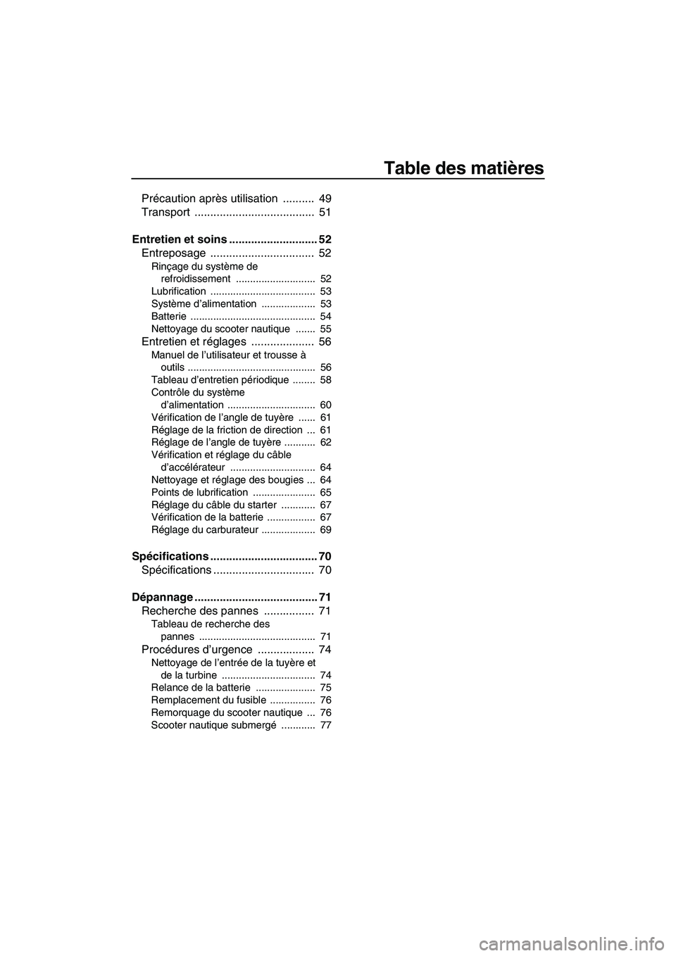 YAMAHA SUPERJET 2008 Notices Demploi (in French) Table des matières
Précaution après utilisation .......... 49
Transport ...................................... 51
Entretien et soins ............................ 52
Entreposage ................. YAMAHA SUPERJET 2008 Notices Demploi (in French) Table des matières
Précaution après utilisation .......... 49
Transport ...................................... 51
Entretien et soins ............................ 52
Entreposage .................