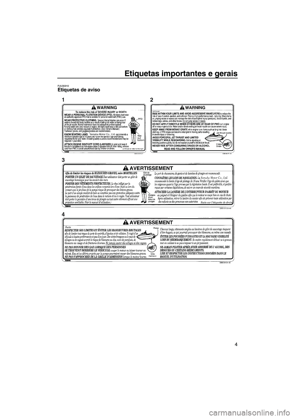 YAMAHA SUPERJET 2008  Manual de utilização (in Portuguese) Etiquetas importantes e gerais
4
PJU35910Etiquetas de aviso 
UF2F70P0.book  Page 4  Tuesday, April 17, 2007  9:28 AM 