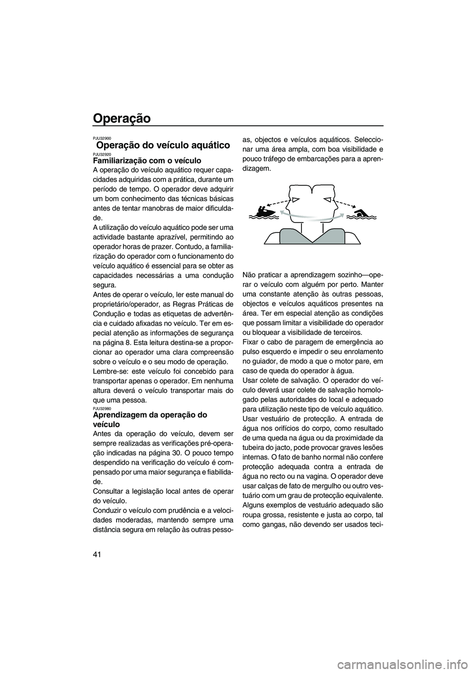YAMAHA SUPERJET 2008  Manual de utilização (in Portuguese) Operação
41
PJU32900
Operação do veículo aquático PJU32920Familiarização com o veículo 
A operação do veículo aquático requer capa-
cidades adquiridas com a prática, durante um
período 