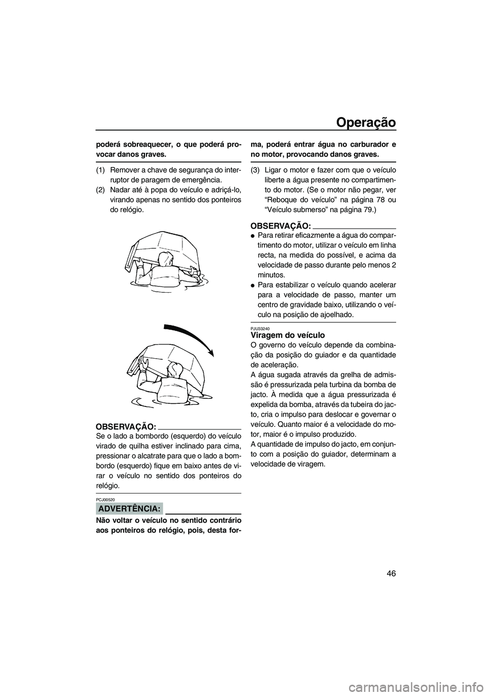YAMAHA SUPERJET 2008  Manual de utilização (in Portuguese) Operação
46
poderá sobreaquecer, o que poderá pro-
vocar danos graves.
(1) Remover a chave de segurança do inter-
ruptor de paragem de emergência.
(2) Nadar até à popa do veículo e adriçá-l