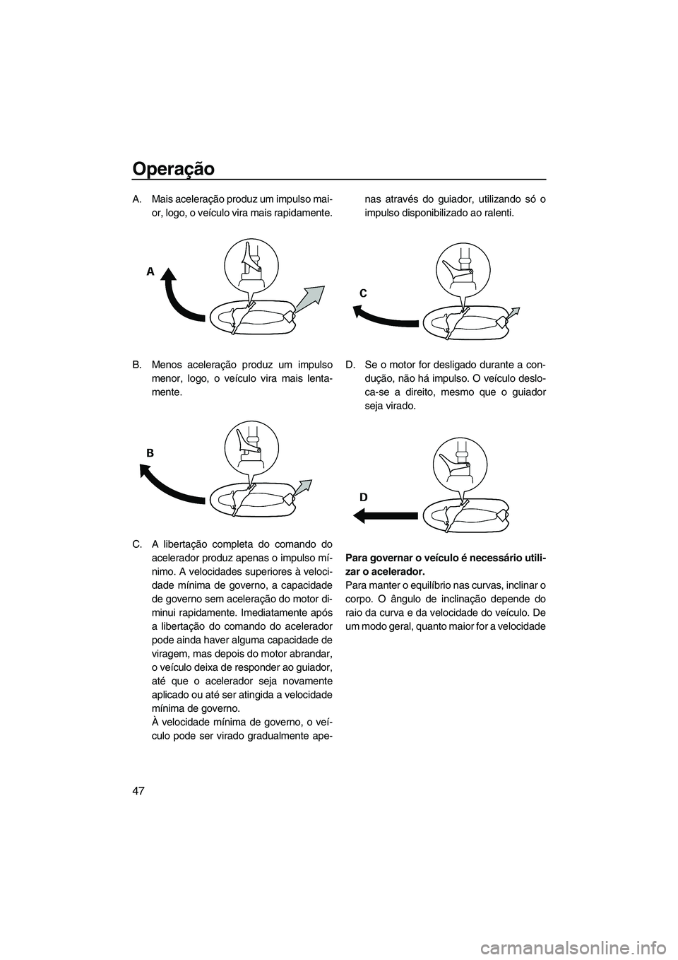 YAMAHA SUPERJET 2008  Manual de utilização (in Portuguese) Operação
47
A. Mais aceleração produz um impulso mai-
or, logo, o veículo vira mais rapidamente.
B. Menos aceleração produz um impulso
menor, logo, o veículo vira mais lenta-
mente.
C. A liber