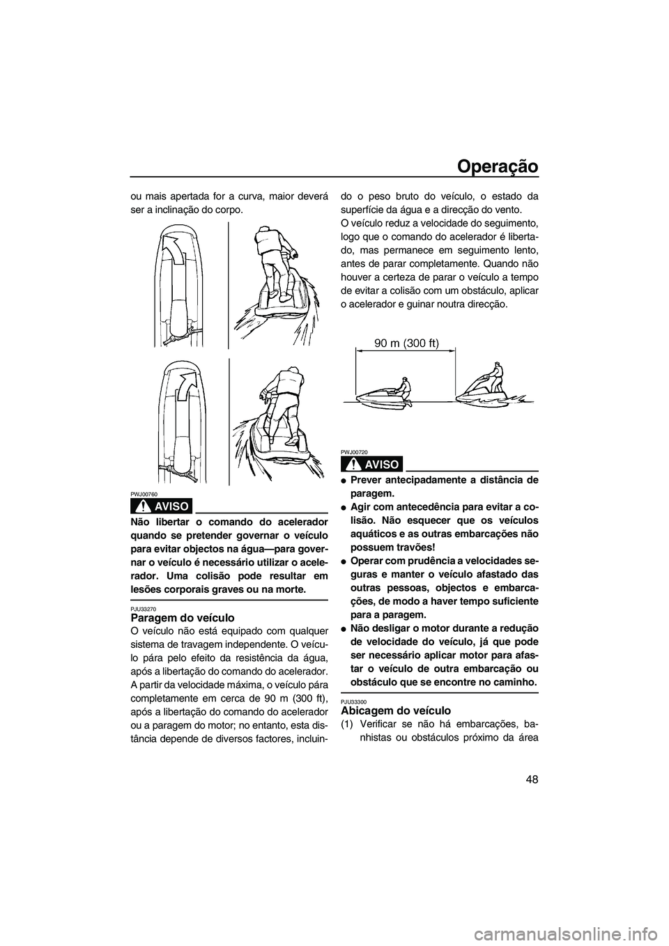 YAMAHA SUPERJET 2008  Manual de utilização (in Portuguese) Operação
48
ou mais apertada for a curva, maior deverá
ser a inclinação do corpo.
AV I S O
PWJ00760
Não libertar o comando do acelerador
quando se pretender governar o veículo
para evitar objec