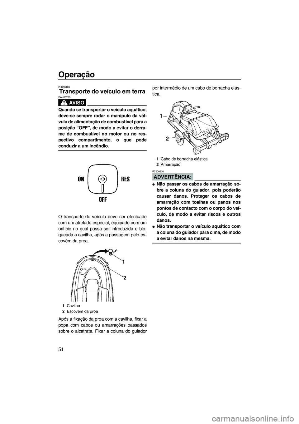 YAMAHA SUPERJET 2008  Manual de utilização (in Portuguese) Operação
51
PJU33420
Transporte do veículo em terra 
AV I S O
PWJ00750
Quando se transportar o veículo aquático,
deve-se sempre rodar o manípulo da vál-
vula de alimentação de combustível pa