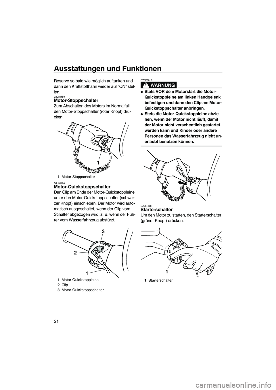 YAMAHA SUPERJET 2007 Betriebsanleitungen (in German) Ausstattungen und Funktionen
21
Reserve so bald wie möglich auftanken und
dann den Kraftstoffhahn wieder auf “ON” stel-
len.
GJU31150Motor-Stoppschalter
Zum Abschalten des Motors im Normalfall YAMAHA SUPERJET 2007 Betriebsanleitungen (in German) Ausstattungen und Funktionen
21
Reserve so bald wie möglich auftanken und
dann den Kraftstoffhahn wieder auf “ON” stel-
len.
GJU31150Motor-Stoppschalter
Zum Abschalten des Motors im Normalfall