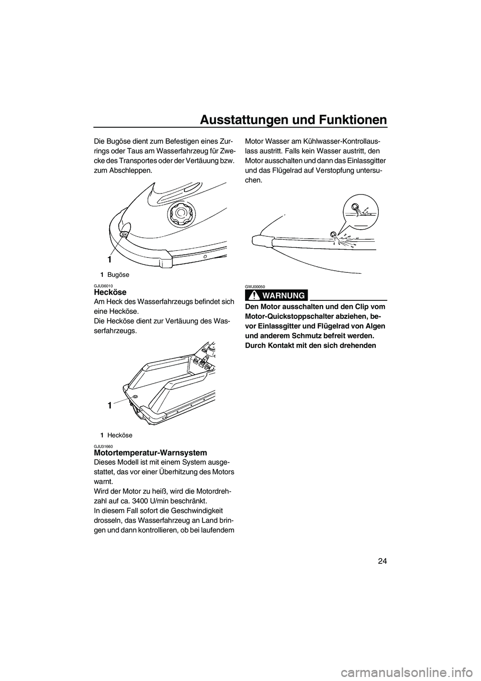YAMAHA SUPERJET 2007 Betriebsanleitungen (in German) Ausstattungen und Funktionen
24
Die Bugöse dient zum Befestigen eines Zur-
rings oder Taus am Wasserfahrzeug für Zwe-
cke des Transportes oder der Vertäuung bzw.
zum Abschleppen.
GJU36010Hecköse YAMAHA SUPERJET 2007 Betriebsanleitungen (in German) Ausstattungen und Funktionen
24
Die Bugöse dient zum Befestigen eines Zur-
rings oder Taus am Wasserfahrzeug für Zwe-
cke des Transportes oder der Vertäuung bzw.
zum Abschleppen.
GJU36010Hecköse
