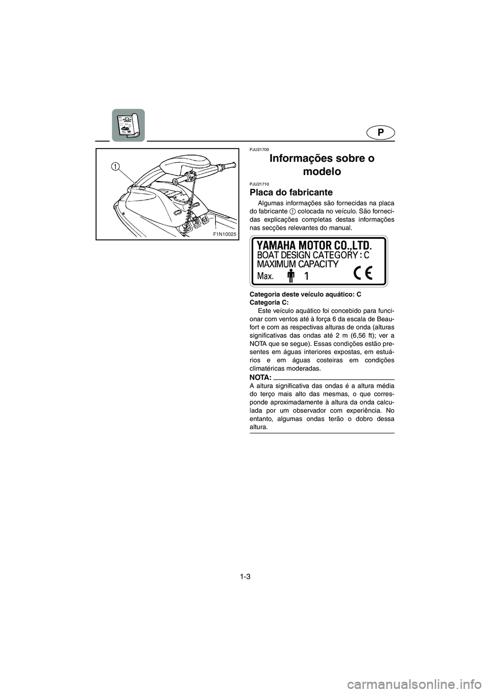 YAMAHA SUPERJET 2006  Manual de utilização (in Portuguese) 1-3
P
PJU21700
Informações sobre o 
modelo  
PJU21710
Placa do fabricante 
Algumas informações são fornecidas na placa
do fabricante 1
 colocada no veículo. São forneci-
das explicações compl