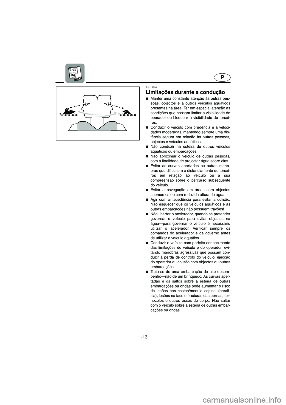 YAMAHA SUPERJET 2006 Manual de utilização (in Portuguese) 1-13
P
PJU12691
Limitações durante a condução
Manter uma constante atenção às outras pes-
soas, objectos e a outros veículos aquáticos
presentes na área. Ter em especial atenção as
condi YAMAHA SUPERJET 2006 Manual de utilização (in Portuguese) 1-13
P
PJU12691
Limitações durante a condução
Manter uma constante atenção às outras pes-
soas, objectos e a outros veículos aquáticos
presentes na área. Ter em especial atenção as
condi