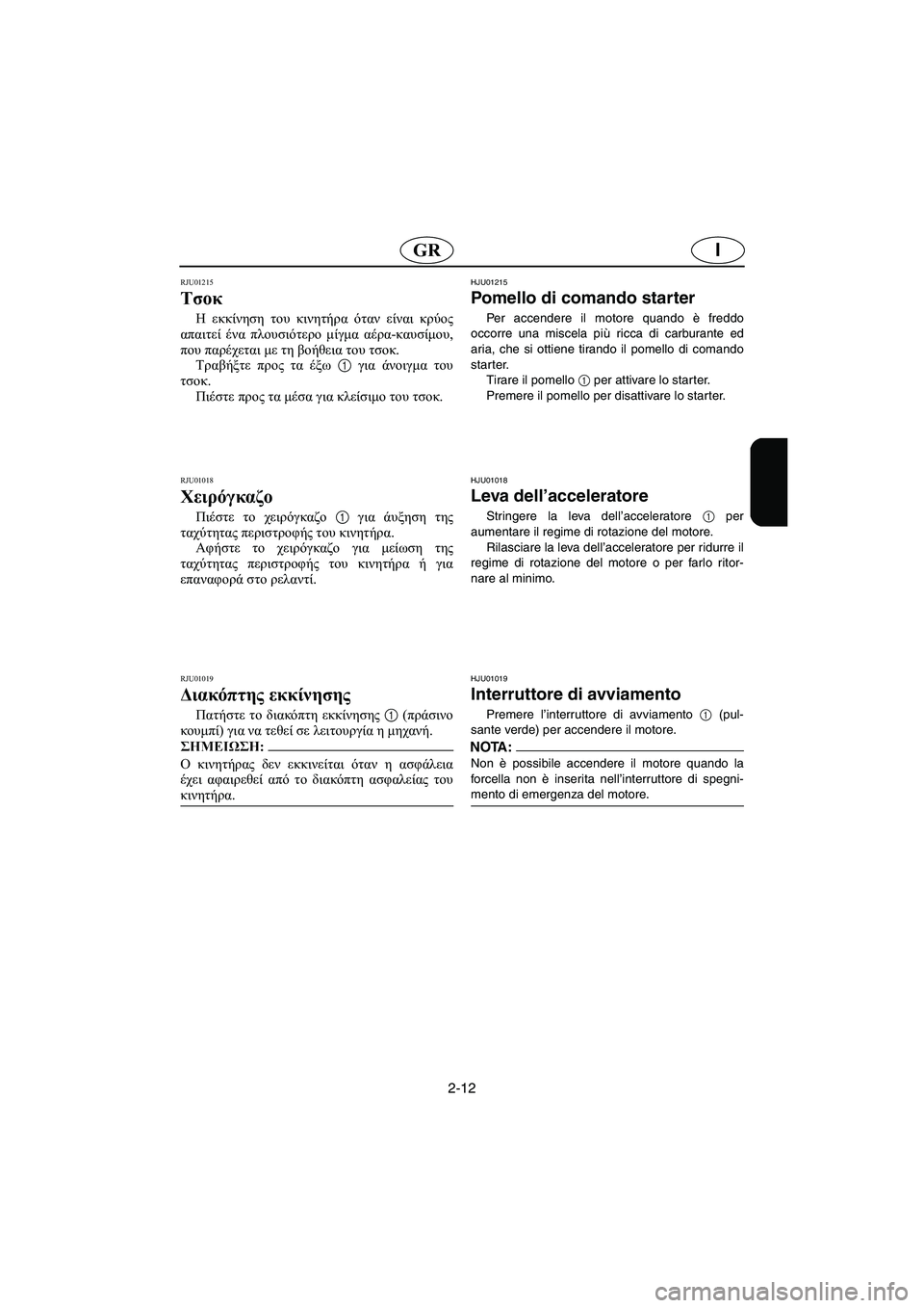 YAMAHA SUPERJET 2006 Manual de utilização (in Portuguese) 2-12
IGR
RJU01215
Τσοκ
Η εκκίνηση του κινητήρα όταν είναι κρύος
απαιτεί ένα πλουσιότερο μίγμα αέρα-καυσίμου,
που πα YAMAHA SUPERJET 2006 Manual de utilização (in Portuguese) 2-12
IGR
RJU01215
Τσοκ
Η εκκίνηση του κινητήρα όταν είναι κρύος
απαιτεί ένα πλουσιότερο μίγμα αέρα-καυσίμου,
που πα