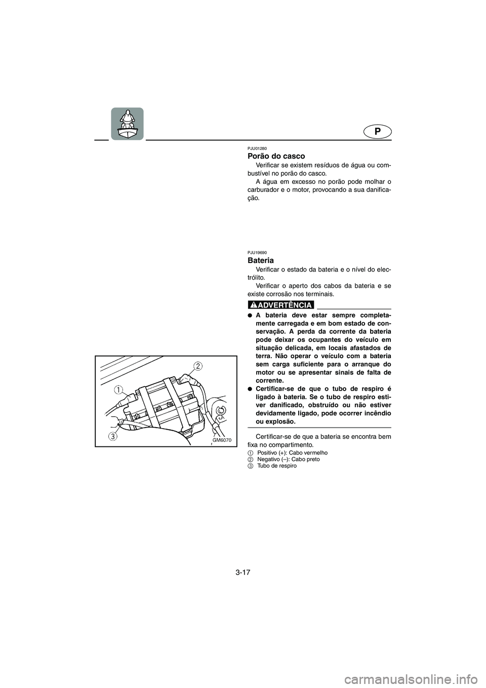 YAMAHA SUPERJET 2006 Manual de utilização (in Portuguese) 3-17
P
PJU01280
Porão do casco
Verificar se existem resíduos de água ou com-
bustível no porão do casco.
A água em excesso no porão pode molhar o
carburador e o motor, provocando a sua dani YAMAHA SUPERJET 2006 Manual de utilização (in Portuguese) 3-17
P
PJU01280
Porão do casco
Verificar se existem resíduos de água ou com-
bustível no porão do casco.
A água em excesso no porão pode molhar o
carburador e o motor, provocando a sua dani