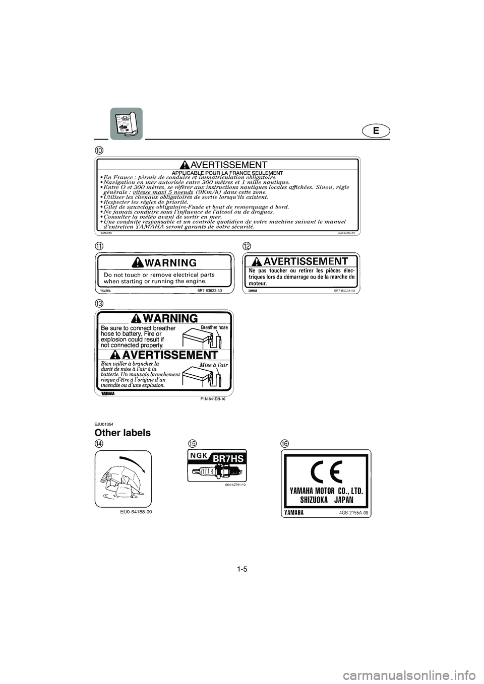 YAMAHA SUPERJET 2005  Owners Manual 1-5
E
EJU01354 
Other labels 
0
AB
C
DEF
UF1N73.book  Page 5  Monday, May 10, 2004  10:37 AM 