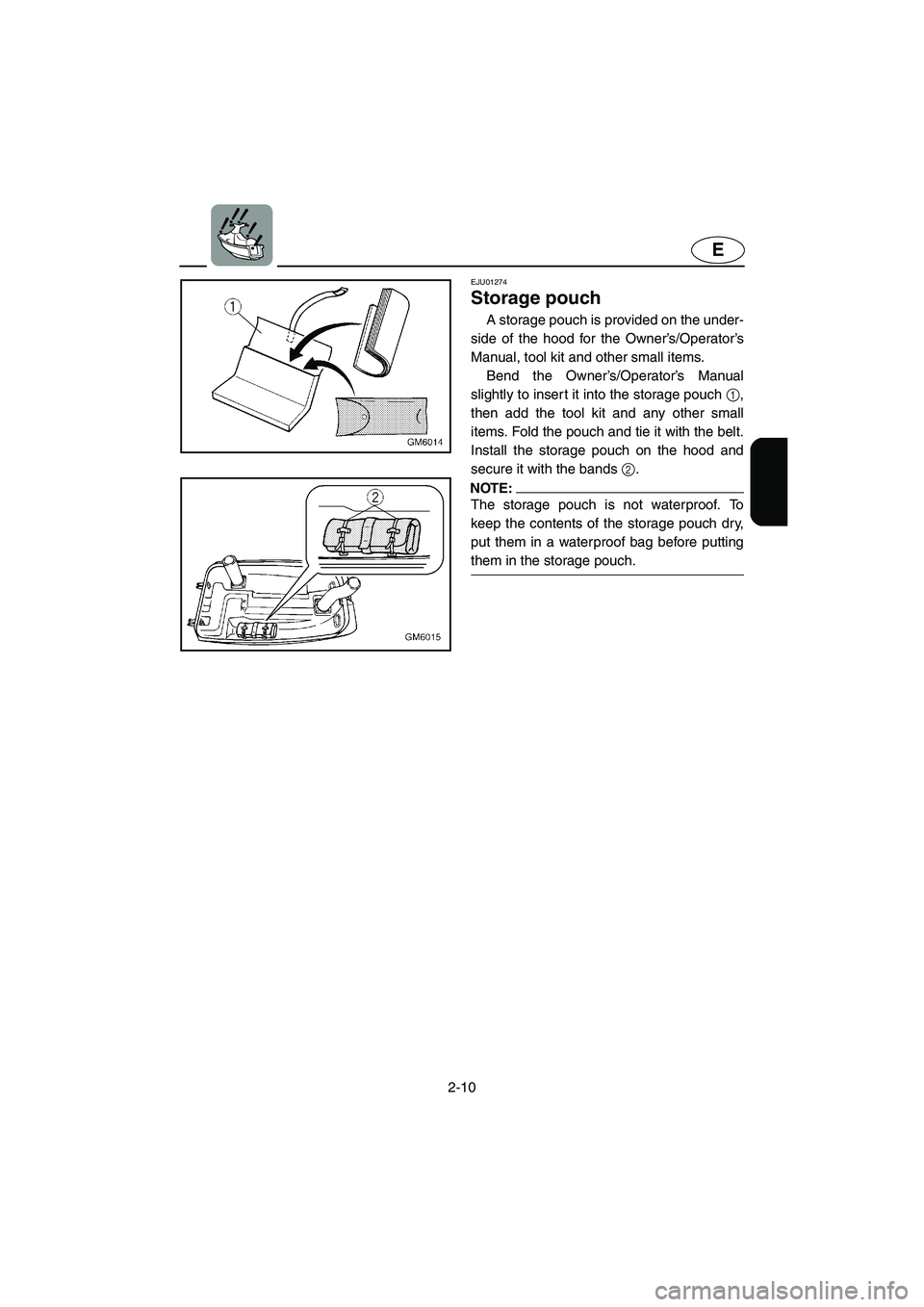 YAMAHA SUPERJET 2005  Owners Manual 2-10
E
EJU01274 
Storage pouch  
A storage pouch is provided on the under-
side of the hood for the Owner’s/Operator’s
Manual, tool kit and other small items. 
Bend the Owner’s/Operator’s Manu