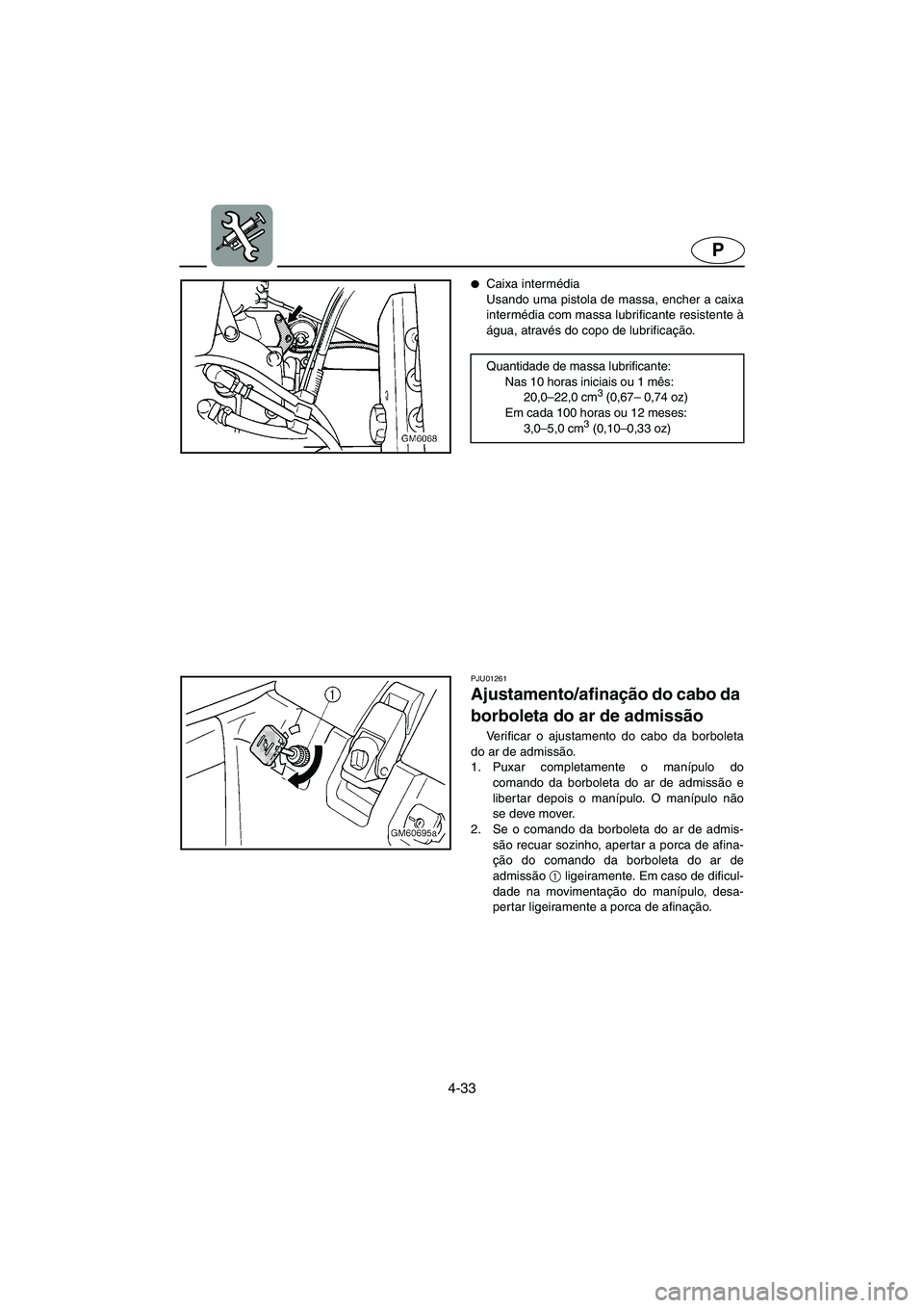 YAMAHA SUPERJET 2005  Manual de utilização (in Portuguese) 4-33
P
Caixa intermédia 
Usando uma pistola de massa, encher a caixa
intermédia com massa lubrificante resistente à
água, através do copo de lubrificação.
Quantidade de massa lubrificante: 
Na