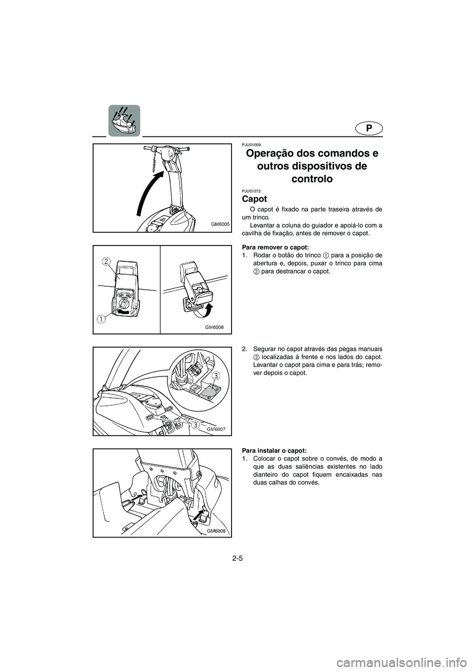 YAMAHA SUPERJET 2005  Manuale duso (in Italian) 2-5
P
PJU01009 
Operação dos comandos e 
outros dispositivos de 
controlo 
PJU01272 
Capot  
O capot é fixado na parte traseira através de
um trinco. 
Levantar a coluna do guiador e apoiá-lo com 