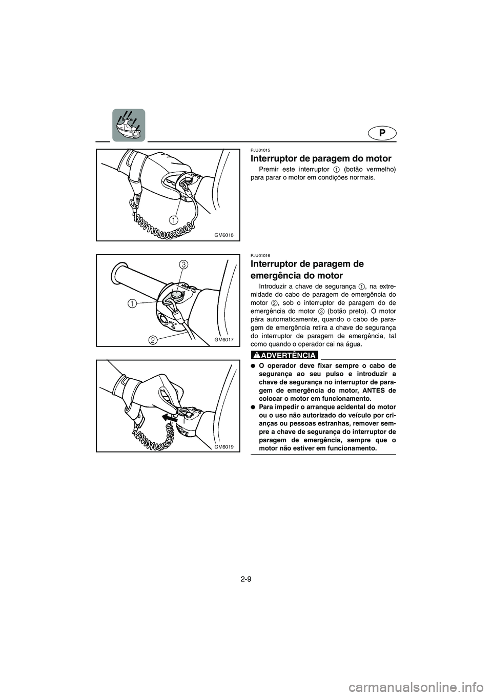 YAMAHA SUPERJET 2005 Manual de utilização (in Portuguese) 2-9
P
PJU01015
Interruptor de paragem do motor
Premir este interruptor 1
(botão vermelho)
para parar o motor em condições normais.
PJU01016
Interruptor de paragem de
emergência do motor
In YAMAHA SUPERJET 2005 Manual de utilização (in Portuguese) 2-9
P
PJU01015
Interruptor de paragem do motor
Premir este interruptor 1
(botão vermelho)
para parar o motor em condições normais.
PJU01016
Interruptor de paragem de
emergência do motor
In