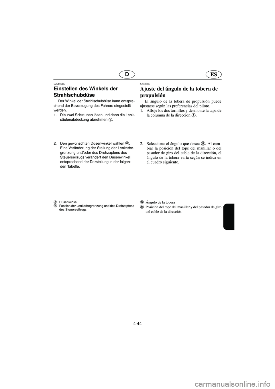 YAMAHA SUPERJET 2003 Notices Demploi (in French) 4-44
ESD
GJU01305
Einstellen des Winkels der
Strahlschubdüse
Der Winkel der Strahlschubdüse kann entspre-
chend der Bevorzugung des Fahrers eingestellt
werden.
1. Die zwei Schrauben lösen und YAMAHA SUPERJET 2003 Notices Demploi (in French) 4-44
ESD
GJU01305
Einstellen des Winkels der
Strahlschubdüse
Der Winkel der Strahlschubdüse kann entspre-
chend der Bevorzugung des Fahrers eingestellt
werden.
1. Die zwei Schrauben lösen und