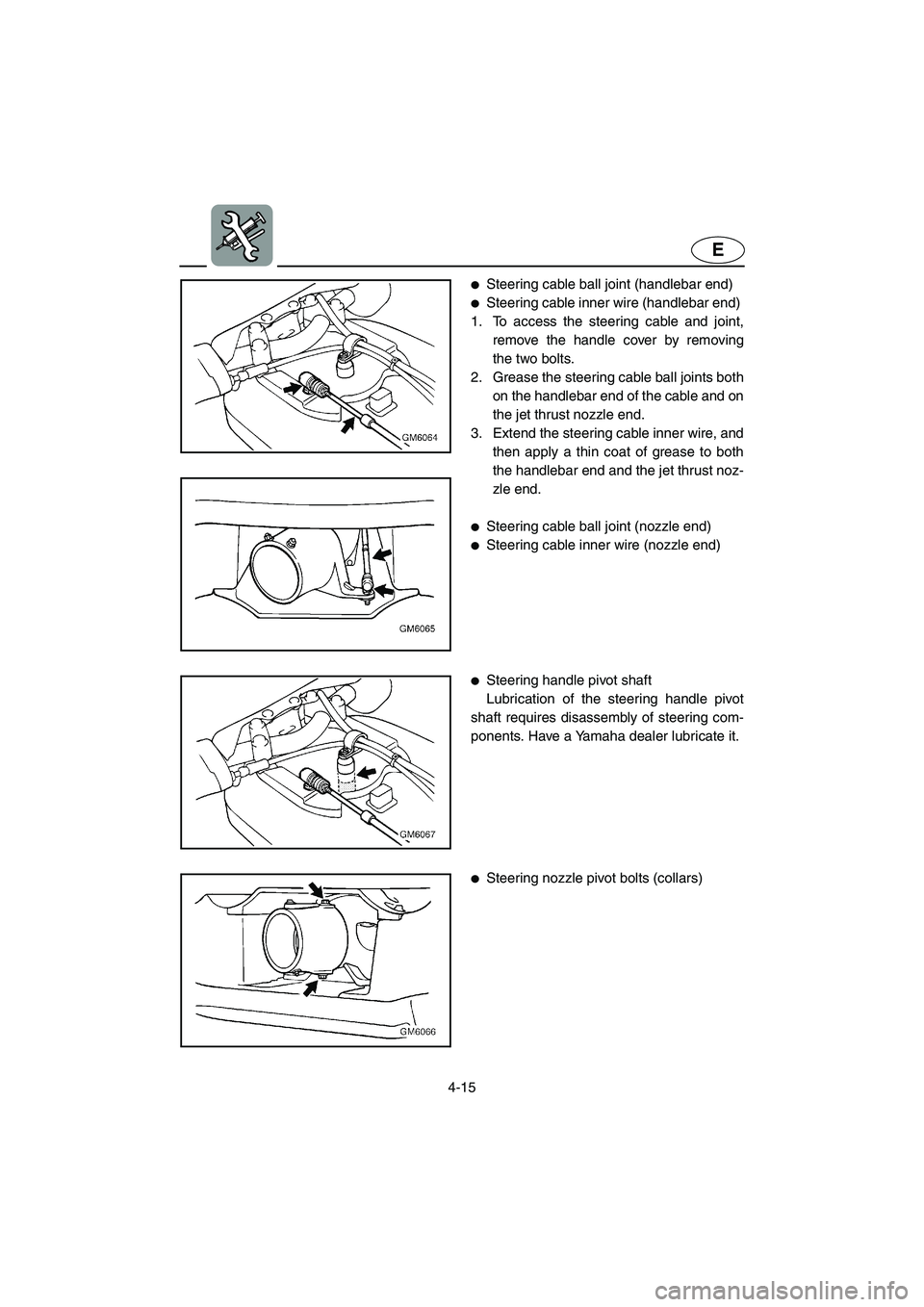 YAMAHA SUPERJET 2002  Owners Manual 4-15
E
Steering cable ball joint (handlebar end) 
Steering cable inner wire (handlebar end) 
1. To access the steering cable and joint,
remove the handle cover by removing
the two bolts. 
2. Grease 