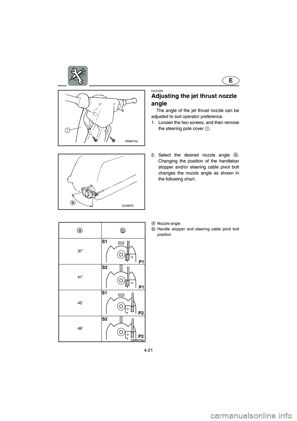 YAMAHA SUPERJET 2002  Owners Manual 4-21
E
37˚
41˚
45˚
49˚
S1
P1
P1
P2
P2 S2
S1
S2
GM6078a
EJU01305 
Adjusting the jet thrust nozzle 
angle  
The angle of the jet thrust nozzle can be
adjusted to suit operator preference. 
1. Loosen