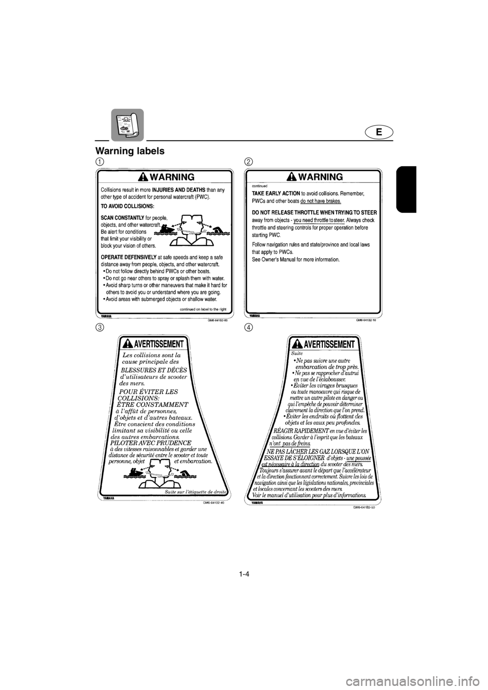 YAMAHA SUPERJET 2001  Owners Manual 1-4
E
Warning labels
12
34
E_GM6-1.fm  Page 4  Tuesday, July 11, 2000  10:49 AM 