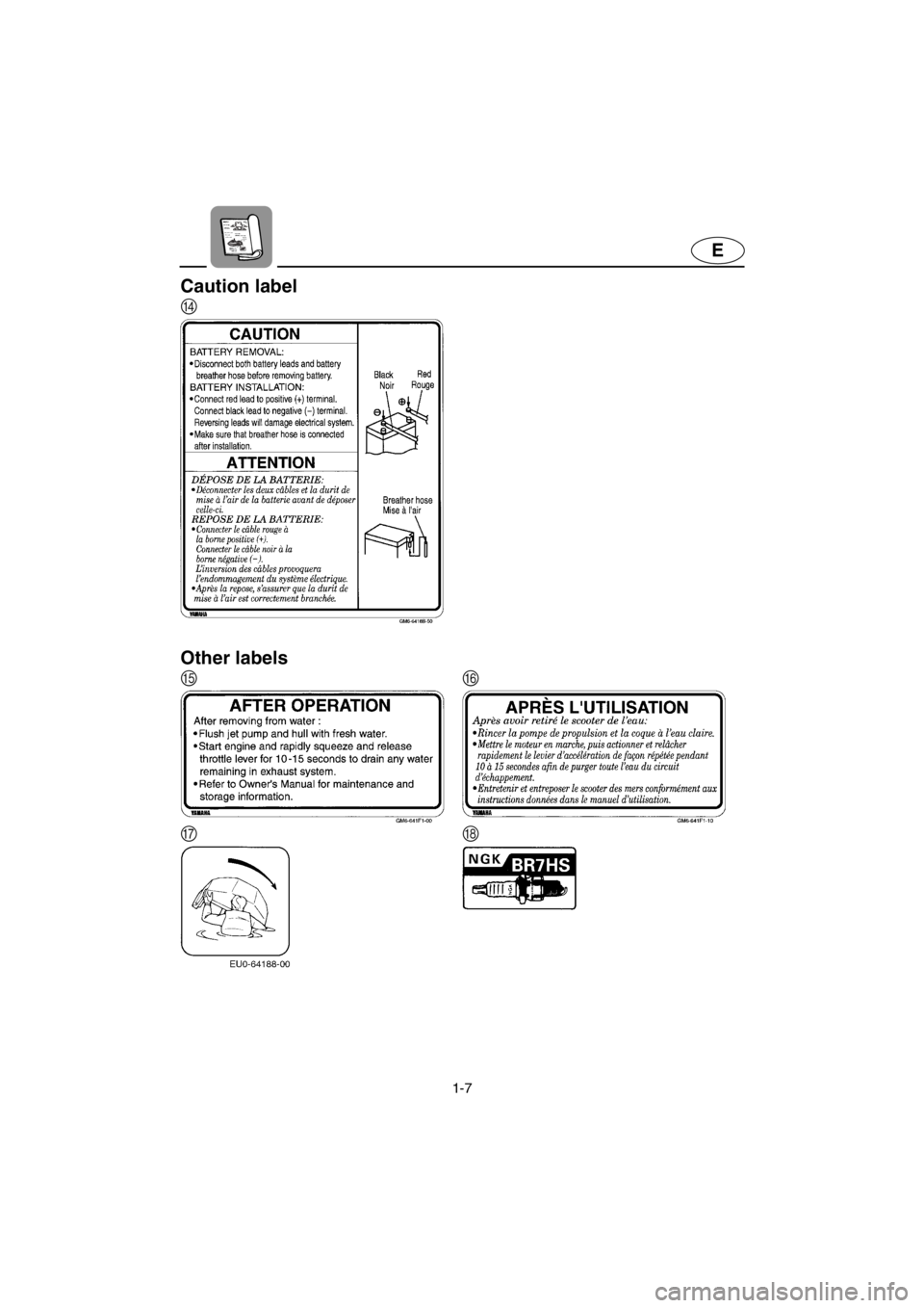 YAMAHA SUPERJET 2001  Owners Manual 1-7
E
Caution label
Other labels 
D
EF
GH
E_GM6-1.fm  Page 7  Tuesday, July 11, 2000  10:49 AM 