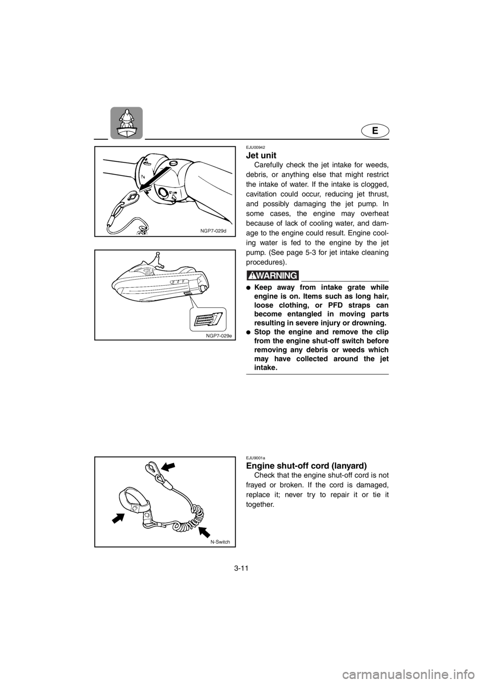 YAMAHA SUPERJET 2001 Owners Manual 3-11
E
EJU00942
Jet unit
Carefully check the jet intake for weeds,
debris, or anything else that might restrict
the intake of water. If the intake is clogged,
cavitation could occur, reducing jet thr YAMAHA SUPERJET 2001 Owners Manual 3-11
E
EJU00942
Jet unit
Carefully check the jet intake for weeds,
debris, or anything else that might restrict
the intake of water. If the intake is clogged,
cavitation could occur, reducing jet thr