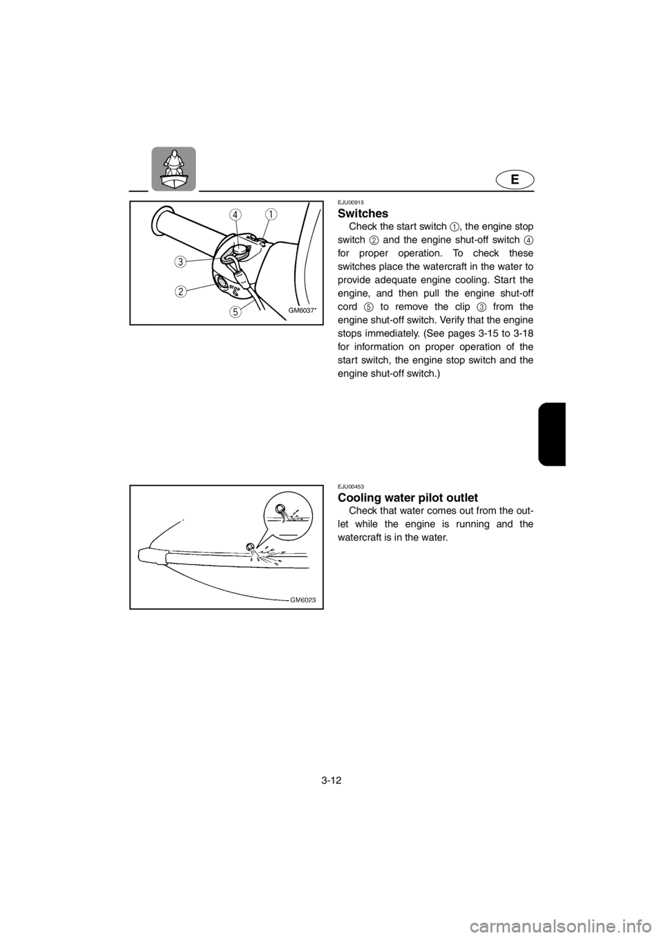 YAMAHA SUPERJET 2001  Owners Manual 3-12
E
EJU00915 
Switches
Check the start switch 1, the engine stop
switch 2 and the engine shut-off switch 4
for proper operation. To check these
switches place the watercraft in the water to
provide