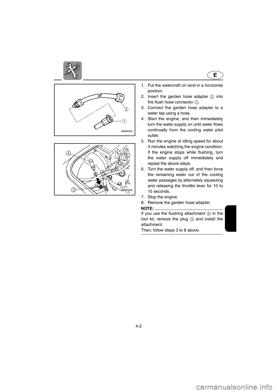YAMAHA SUPERJET 2001  Owners Manual 4-2
E
1. Put the watercraft on land in a horizontal
position. 
2. Insert the garden hose adapter 2 into
the flush hose connector 1.
3. Connect the garden hose adapter to a
water tap using a hose. 
4. 
