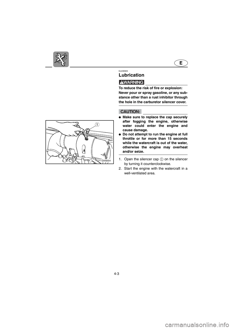 YAMAHA SUPERJET 2001  Owners Manual 4-3
E
EJU00945 
Lubrication
WARNING@To reduce the risk of fire or explosion: 
Never pour or spray gasoline, or any sub-
stance other than a rust inhibitor through
the hole in the carburetor silencer c