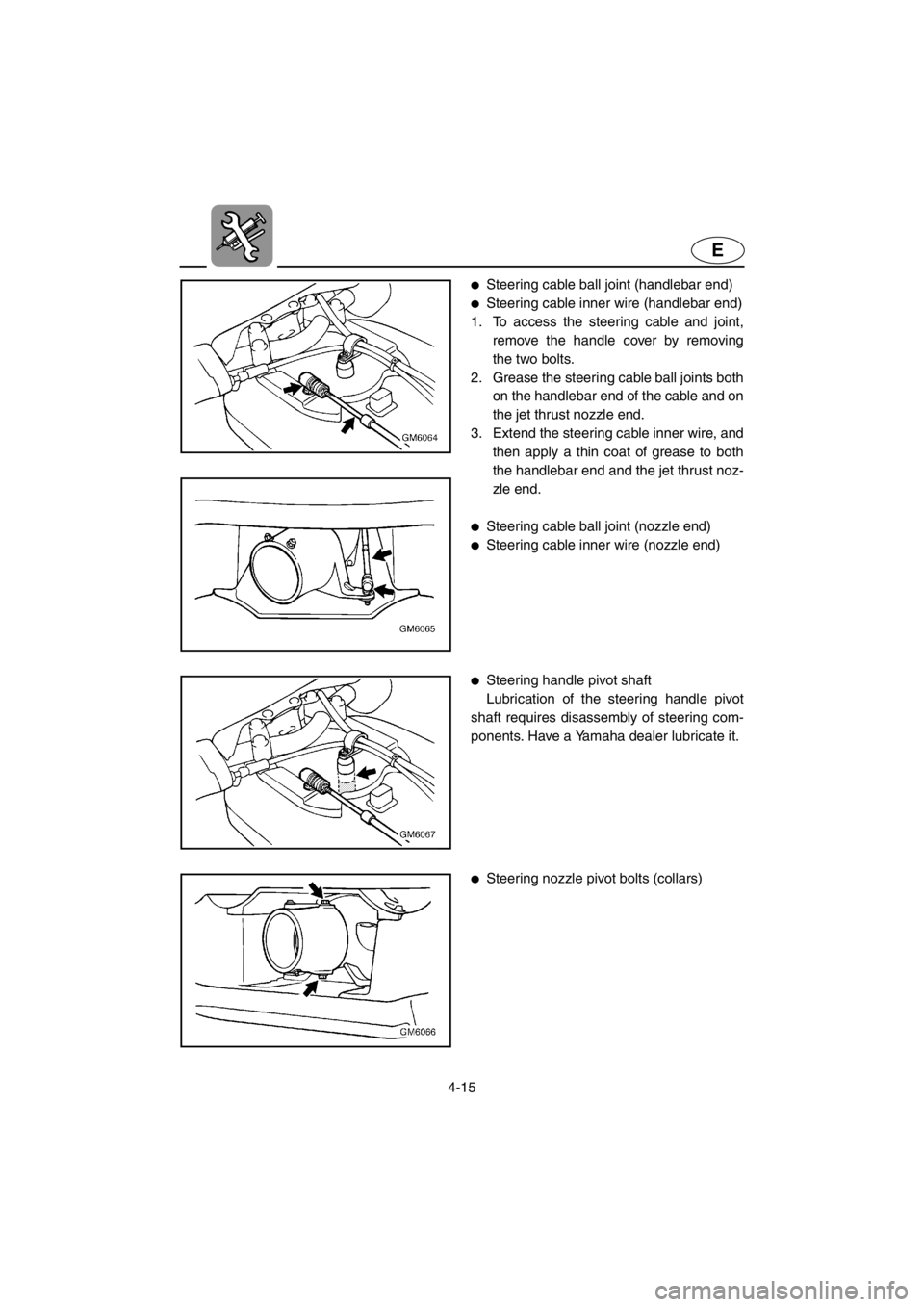 YAMAHA SUPERJET 2001  Owners Manual 4-15
E
●Steering cable ball joint (handlebar end)
●Steering cable inner wire (handlebar end)
1. To access the steering cable and joint,
remove the handle cover by removing
the two bolts. 
2. Greas