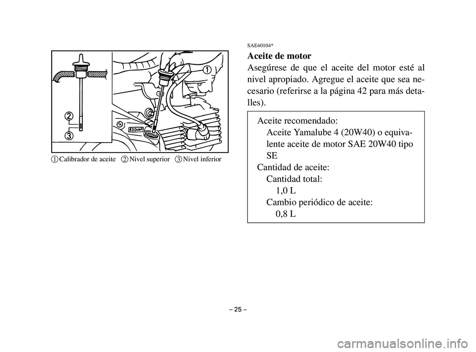 YAMAHA T105 2002  Manuale de Empleo (in Spanish) SAE40104*
Aceite de motor
Asegúrese de que el aceite del motor esté al
nivel apropiado. Agregue el aceite que sea ne-
cesario (referirse a la página 42 para más deta-
lles).
– 25 –
1Calibrador