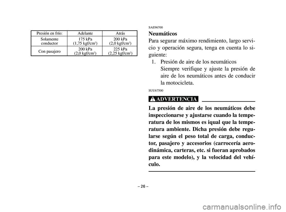 YAMAHA T105 2002  Manuale de Empleo (in Spanish) SAE96700
Neumáticos
Para segurar máximo rendimiento, largo servi-
cio y operación segura, tenga en cuenta lo si-
guiente:
1. Presión de aire de los neumáticos
Siempre verifique y ajuste la presi