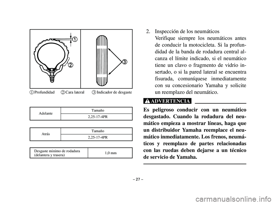 YAMAHA T105 2002  Manuale de Empleo (in Spanish) 2. Inspección de los neumáticos
Verifique siempre los neumáticos antes
de conducir la motocicleta. Si la profun-
didad de la banda de rodadura central al-
canza el límite indicado, si el neumátic