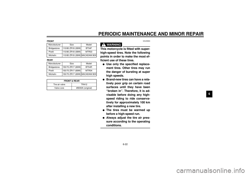 YAMAHA TDM 850 2001 Owners Manual PERIODIC MAINTENANCE AND MINOR REPAIR
6-22
6
CE-10E
CE-14EEAU00684
WARNING
@ This motorcycle is fitted with super-
high-speed tires. Note the following
points in order to make the most ef-
ficient use YAMAHA TDM 850 2001 Owners Manual PERIODIC MAINTENANCE AND MINOR REPAIR
6-22
6
CE-10E
CE-14EEAU00684
WARNING
@ This motorcycle is fitted with super-
high-speed tires. Note the following
points in order to make the most ef-
ficient use