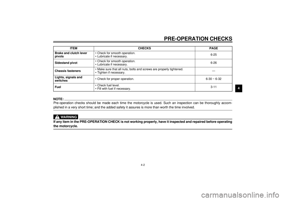 YAMAHA TDM 850 2000  Owners Manual PRE-OPERATION CHECKS
4-2
4
NOTE:Pre-operation checks should be made each time the motorcycle is used. Such an inspection can be thoroughly accom-
plished in a very short time; and the added safety it 
