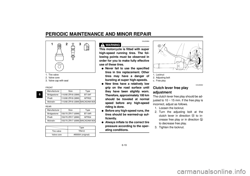 YAMAHA TDM 850 2000  Owners Manual PERIODIC MAINTENANCE AND MINOR REPAIR
6-19
6
CE-10E
CE-12EEAU00684
WARNING
@ This motorcycle is fitted with super
high-speed running tires. The fol-
lowing points must be observed in
order for you to 