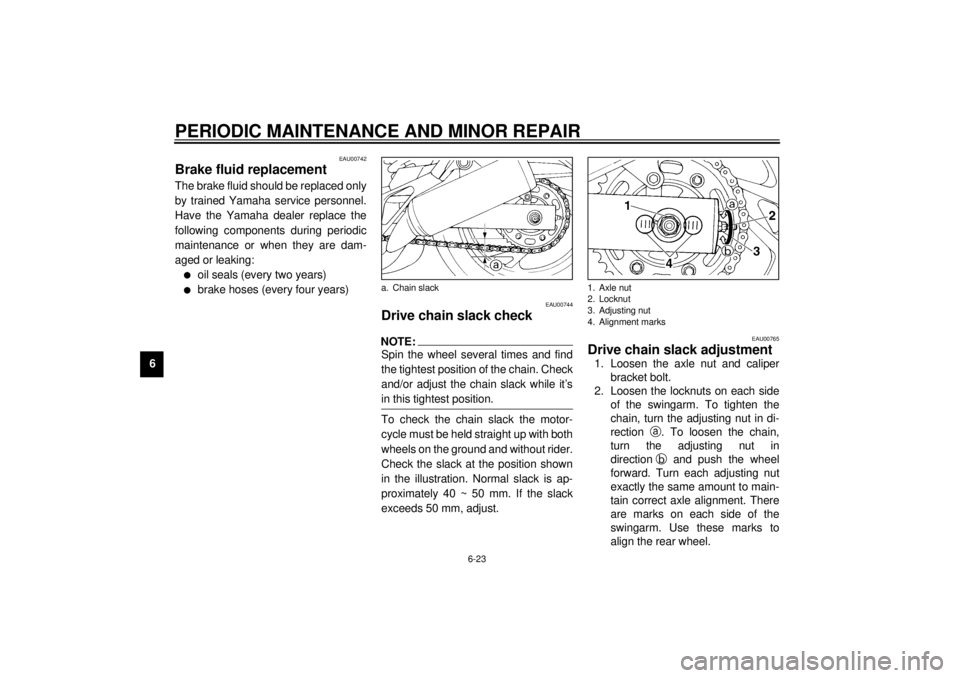 YAMAHA TDM 850 2000  Owners Manual PERIODIC MAINTENANCE AND MINOR REPAIR
6-23
6
EAU00742
Brake fluid replacementThe brake fluid should be replaced only
by trained Yamaha service personnel.
Have the Yamaha dealer replace the
following c